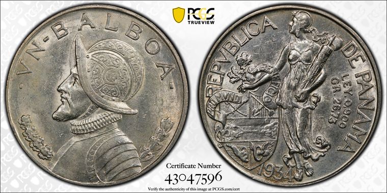 1 Balboa Panamá 1934 PCGS Gold Shield MS62